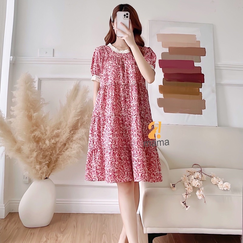 Váy bầu thiết kế hoa nhí 2MAMA,cổ ren, mùa hè ngắn tay, xinh xắn Vintage