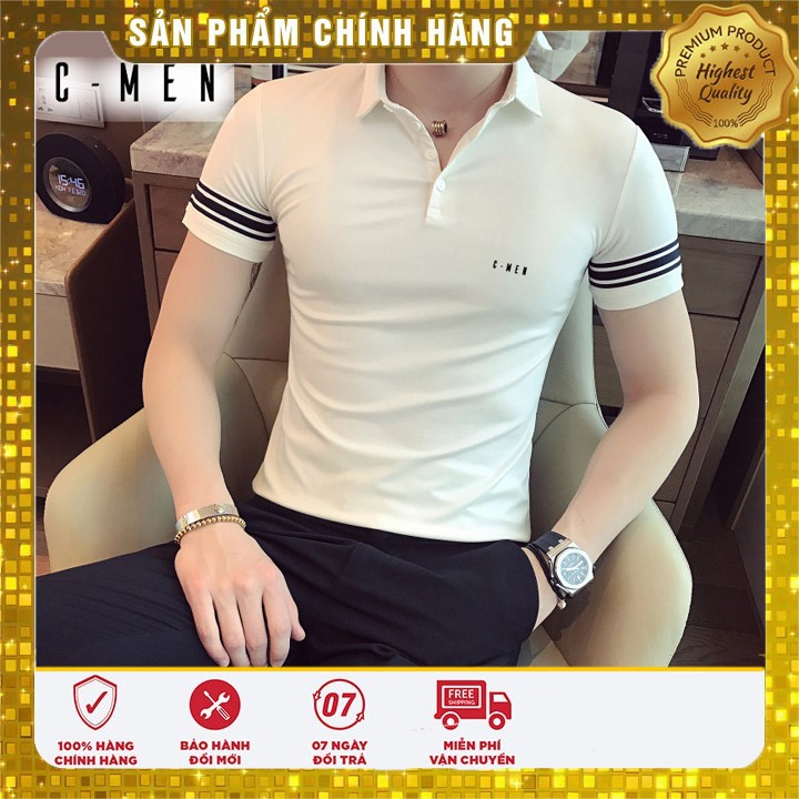 Áo thun, Áo Polo nam, áo phông polo cổ bẻ ngắn tay phối kẻ tay áo C Men Cotton cao cấp