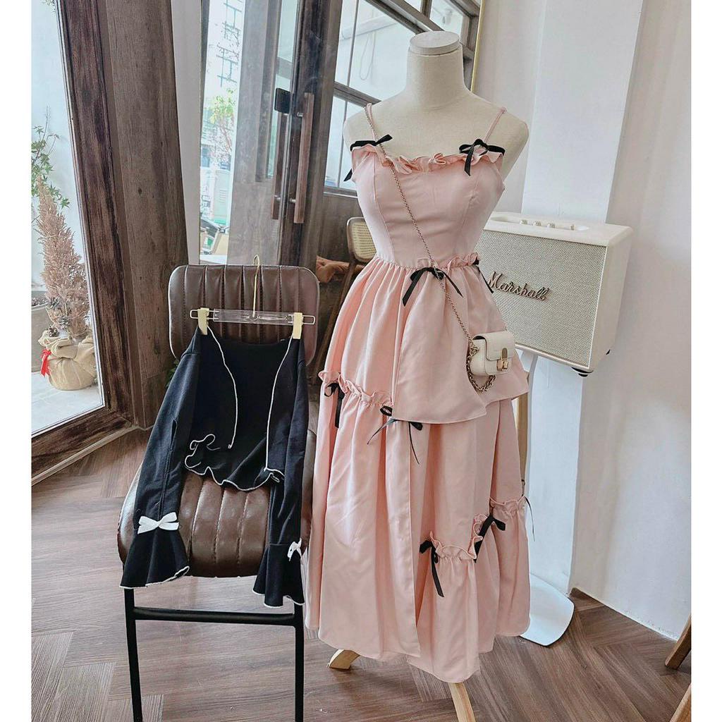 SET ĐẦM 2 DÂY HỒNG ĐÍNH NƠ ĐEN + KHOÁC ĐEN VIỀN