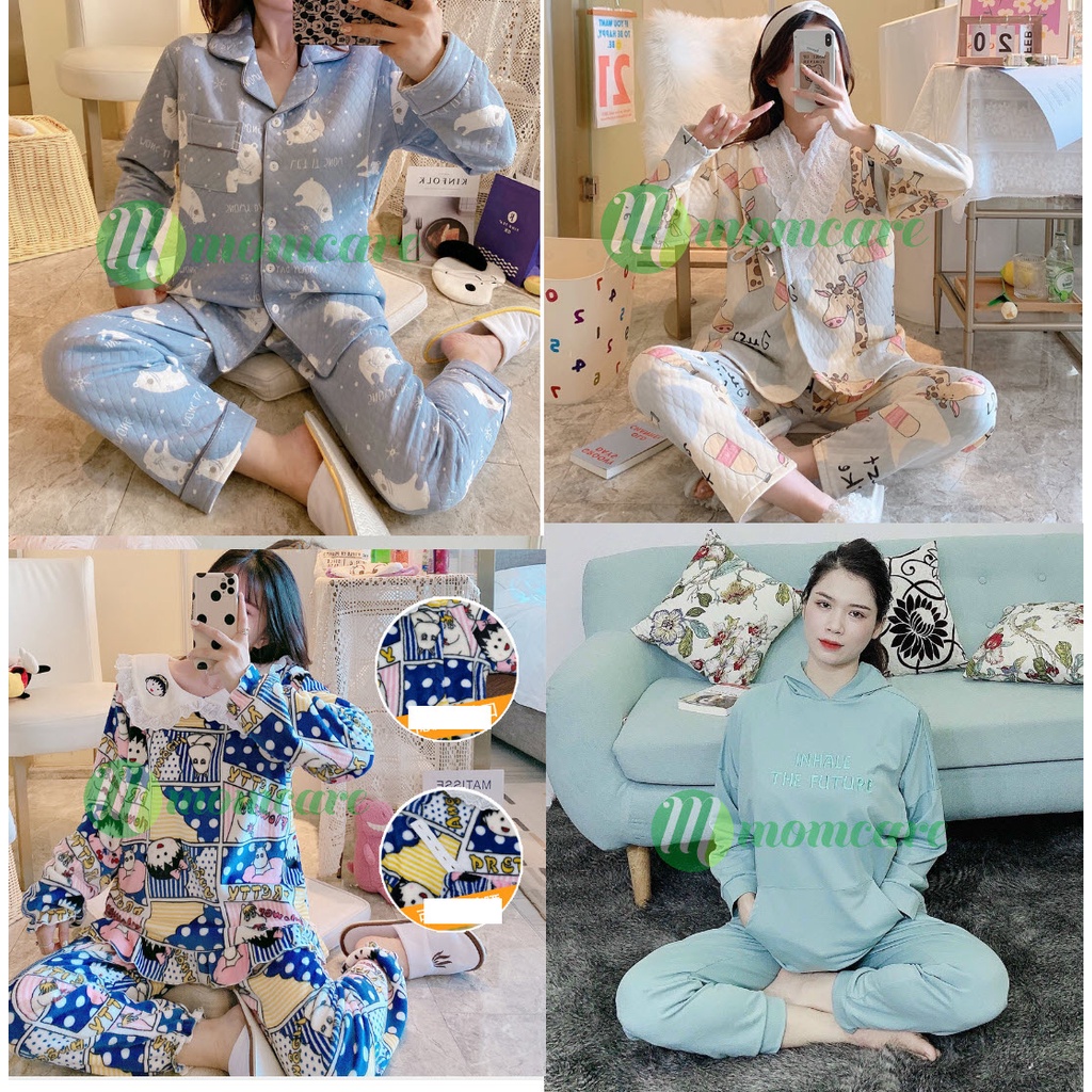 Bộ đồ bầu mặc nhà thu đông đẹp NỈ BÔNG - Quần áo sau sinh và cho con bú ti cho mẹ dài tay, Pijama ngủ giá rẻ Bigsize