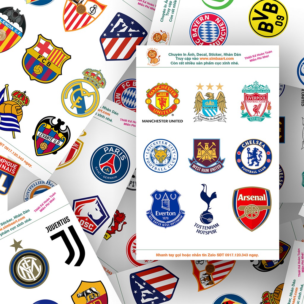 Sticker, nhãn dán, decal Logo các câu lạc bộ bóng đá Anh, Pháp, Đức, Ý, Tây Ban Nha, MU, Barcelona, Real Madrid, Arsenal
