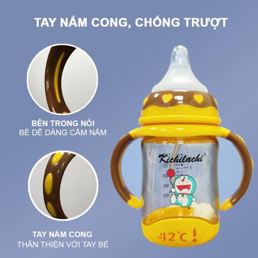 Bình sữa báo nóng cổ rộng có quai cầm Kichilachi PPSU 180ml/240ml núm ty siêu mềm cho bé
