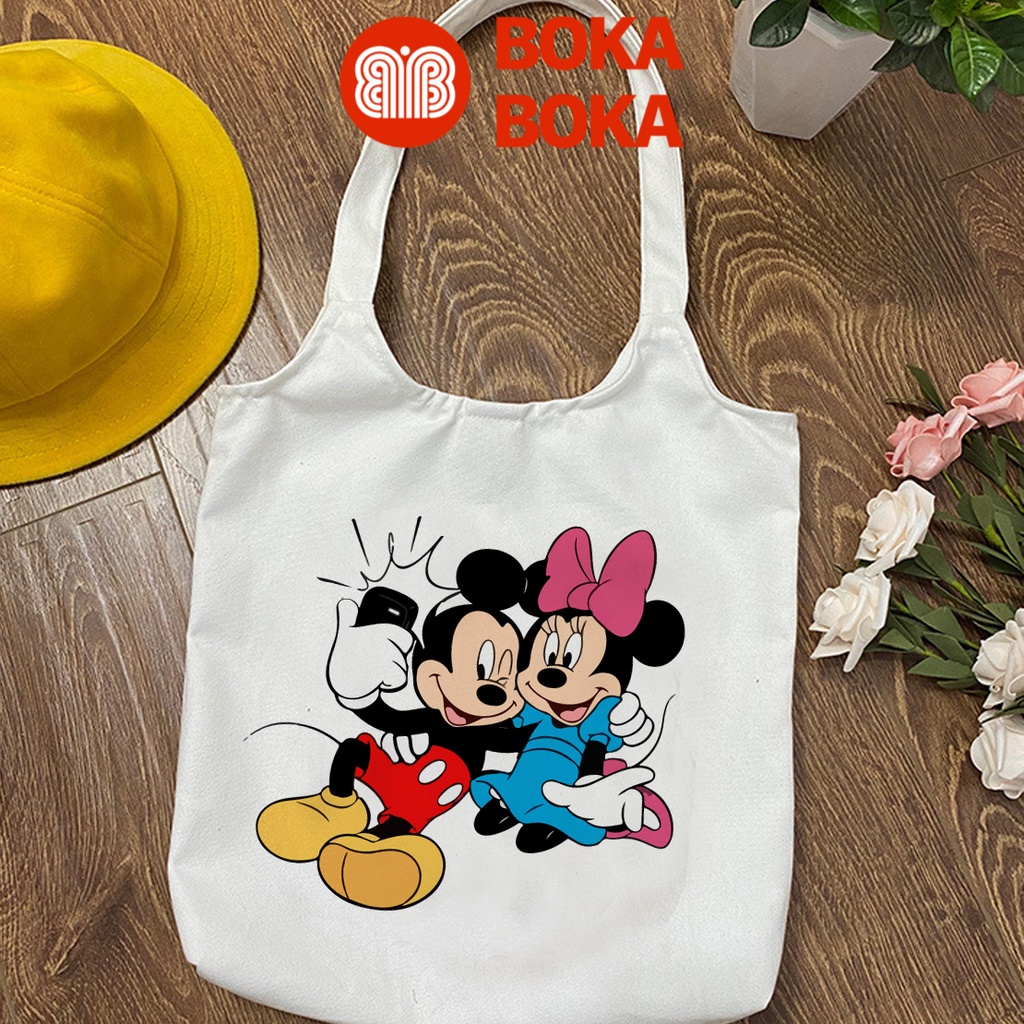 Túi Tote Vải Canvas Quai Tròn Hình Mickey &amp; Friends Có Khóa Miệng Túi