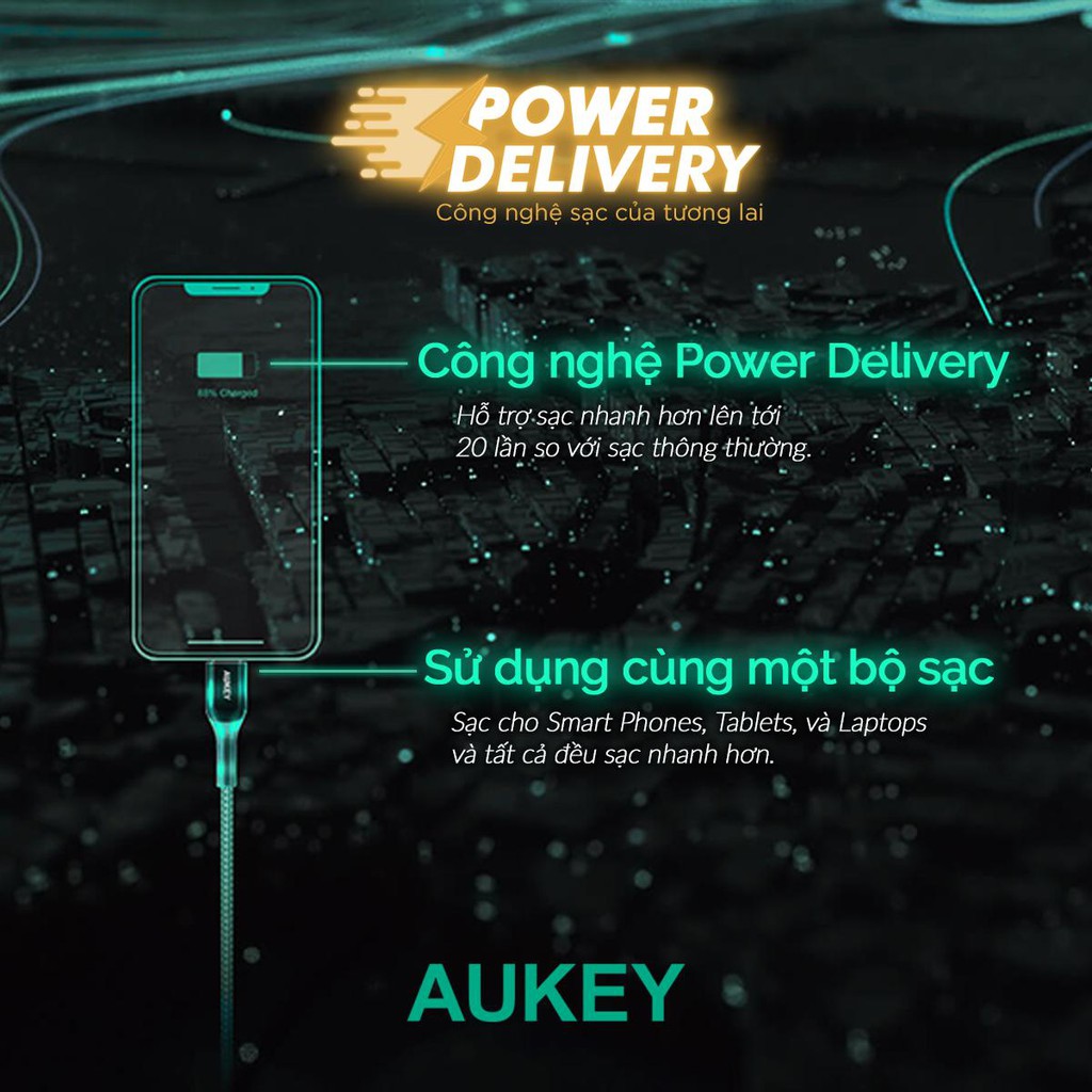 Cáp Sạc Type C To Lightning Aukey CB-CL1 Chuẩn MFi Apple Bện Lưới Nylon Siêu Bền Dài 1,2 Mét - Hàng Phân Phối Chính Hãng