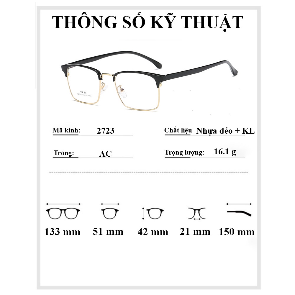 Gọng kính cận nam nữ 2723 dáng vuông thời trang phong cách trẻ trung năng động - có thể thay tròng kính cận loạn