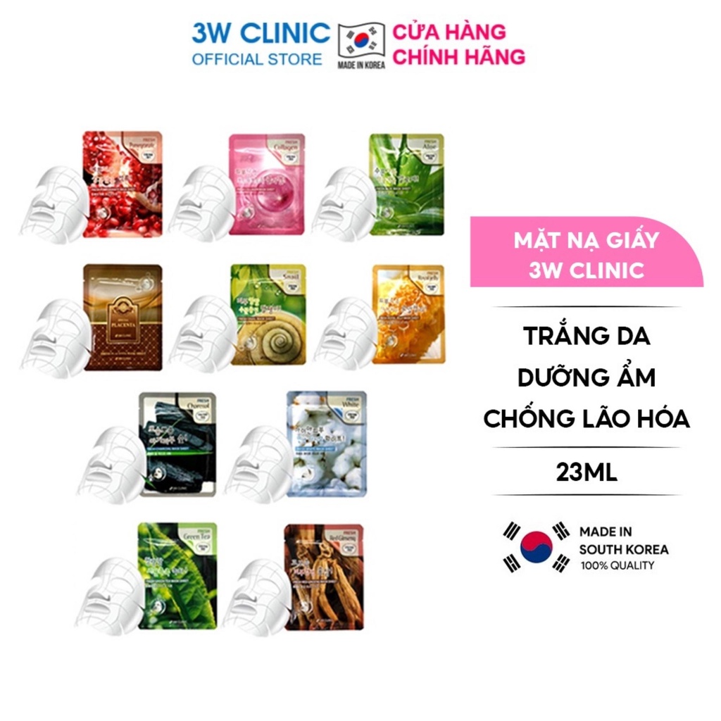 Combo 10 Mặt Nạ Giấy 3W CLINIC Dưỡng Da Cấp Ẩm Chiết Xuất Thiên Nhiên Hàn Quốc 23ml/Miếng