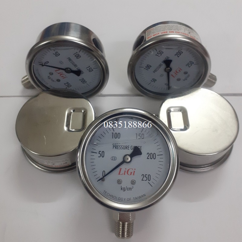 Đồng hồ đo áp suất khí nén hơi nước loại 250kg mặt 63mm chân đứng ren 13mm có dầu LiGi
