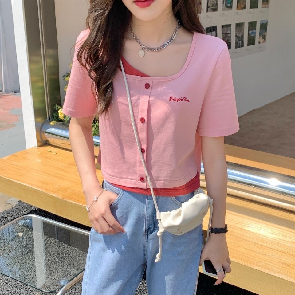 Áo Thun Ngắn Tay Giả Hai Lớp Cổ Vuông Phong Cách Hàn Quốc Mới Cho Nữ