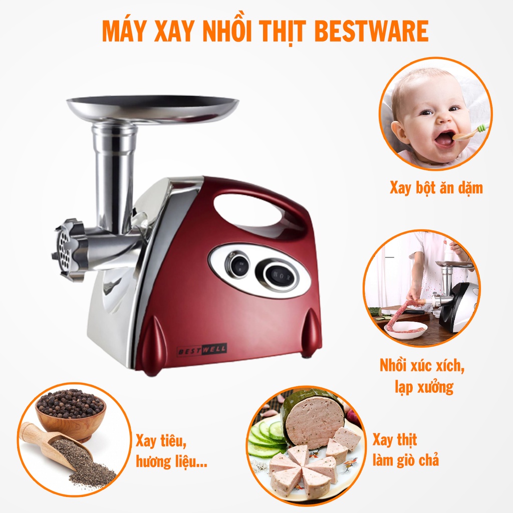 Máy làm xúc xích, giò, chả Bestware - Máy xay thịt tự động đa chức năng - Dễ dàng tháo rời vệ sinh - Bảo hành 12 tháng