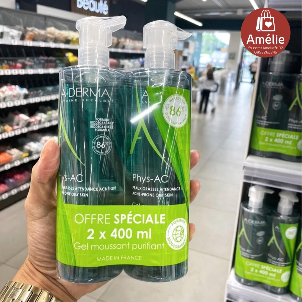 Sữa rửa mặt cho da dầu mụn Aderma Phys - AC Purifying Foaming Gel full-size 200ml và 400ml
