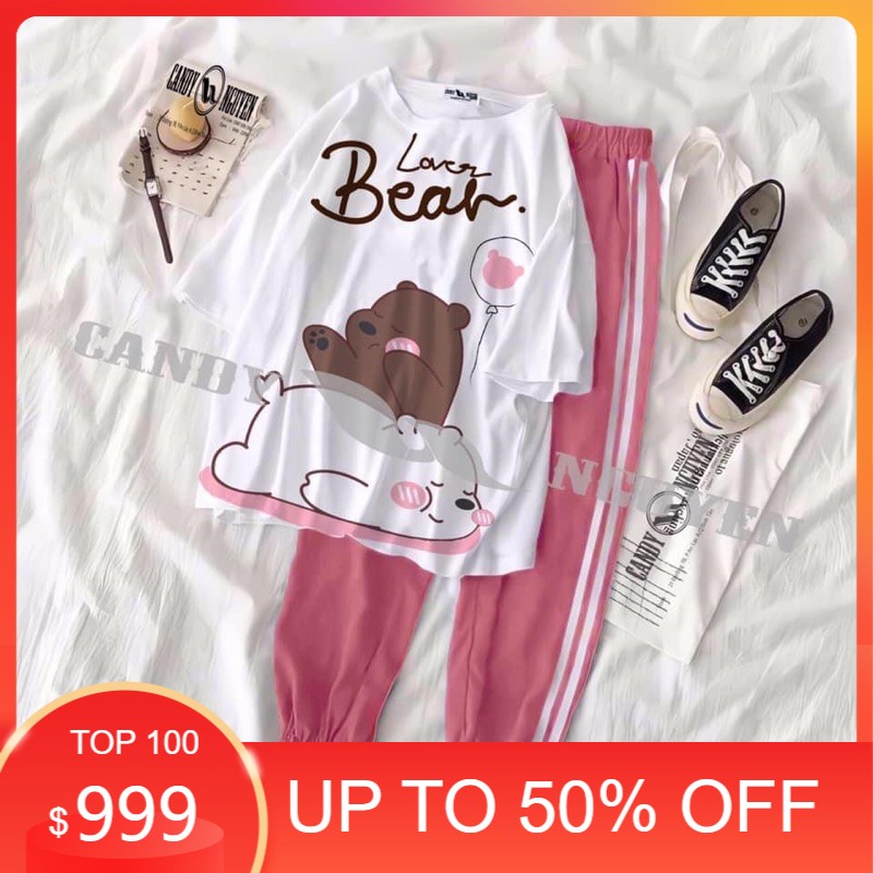 Sét áo gấu Beach và lợn chữ hàn +quần bo gấu hồng , sét áo nam nữ,  sét bộ mặc ở nhà MODY