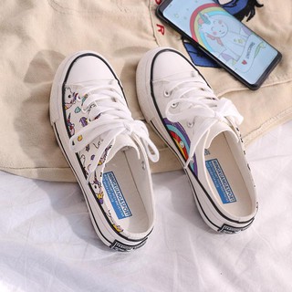 ❤ Giày Lười Vải Canvas Chống Trượt In Hình Kỳ Lân Cầu Vồng Xinh Xắn Phong Cách Hàn Quốc 2020 Cho Bạn Gái