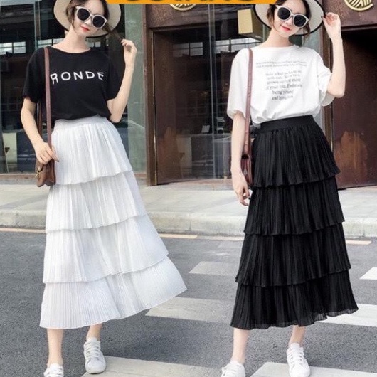 Chân váy voan tầng thời trang nữ 4 tầng nhún cao cấp chất siêu mát, co dãn, mầu đen trắng