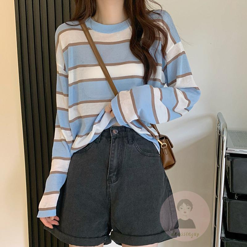 Áo Thun Nữ Dài Tay Cổ Tròn Sọc Ngang Thời Trang