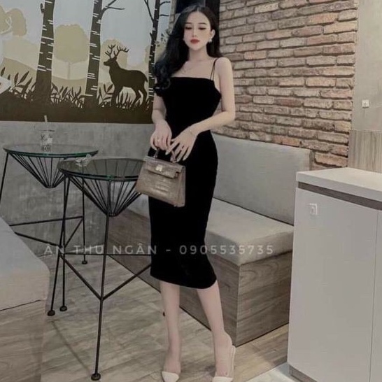 Váy body đen tôn dáng Đầm 2 dây form ôm dài 1m2 vải len tăm dày đẹp freeship | BigBuy360 - bigbuy360.vn