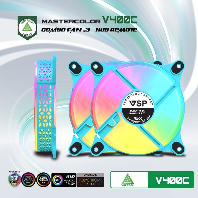 Quạt Tản Nhiệt, Fan Led RGB VSPTECH V400C - Pack 3 Fan Đồng Bộ Hub + Remote - Kèm ốc vít |  FAN CASE 120MM - CHÍNH HÃNG