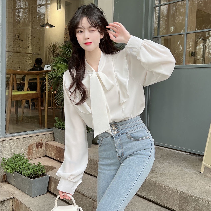 Áo Sơ Mi Trắng Đính Nơ Phong Cách Phương Tây Cho Nữ