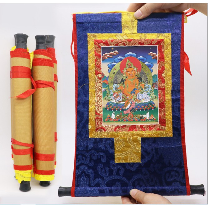 Tranh Thangka Hoàng Thần Tài vải chỉ thêu, vài lụa