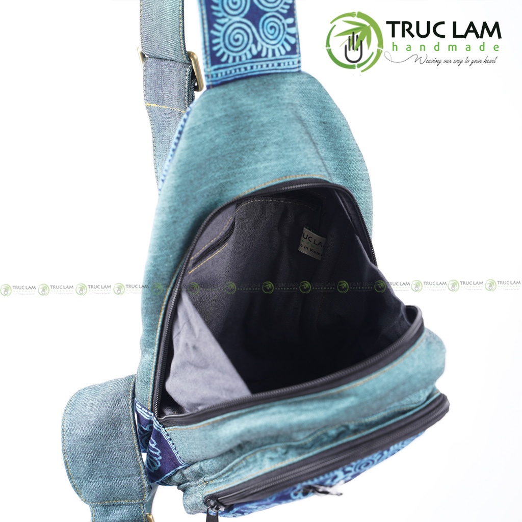 Túi Đeo Chéo Ngực Thời Trang Vải Thổ Cẩm Họa Tiết Sáp Ong Vẽ Tay Phối Vải Gai Dày - Trúc Lâm Handmade