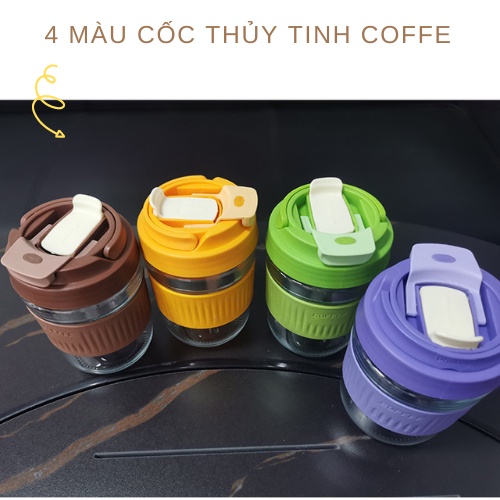 Cốc Uống Coffee KÈM ẢNH THẬT Ly Cốc Thủy Tinh Cao Cấp Bọc Vỏ Nhựa Kèm Nắp Và Ống Hút
