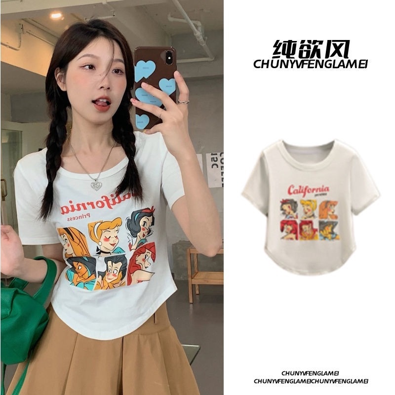 Áo Thun Crop Top Tay Ngắn Hở Vai In Họa Tiết Hoạt Hình Thời Trang Mùa Hè 2022 Cho Nữ