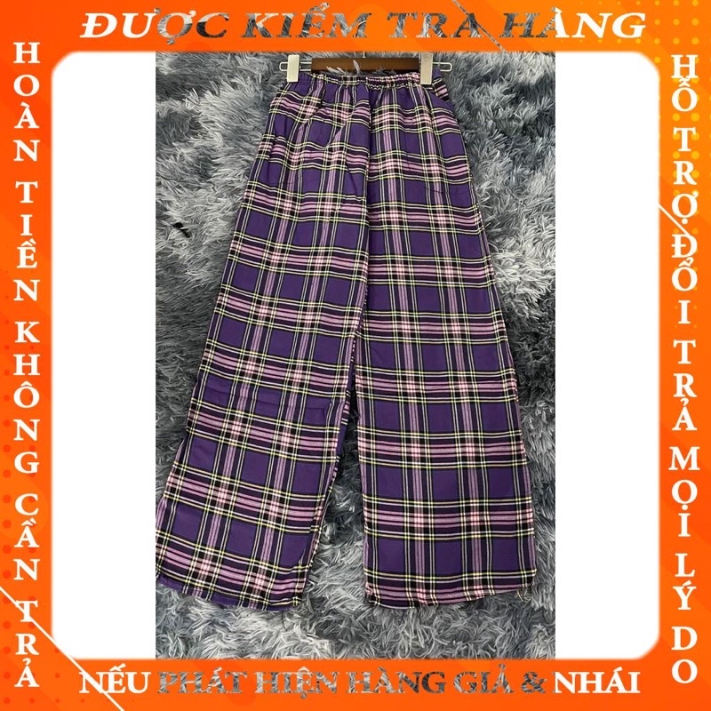 - - Quần kẻ caro nữ cạp chun lưng cao ống rộng  - - mẫu hot