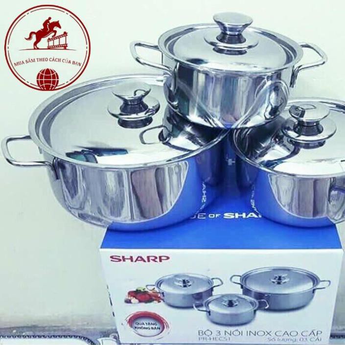 Combo Bộ 3 Nồi Inox Sharp Cao Cấp Đáy Từ H&E Dùng Được Cho Bếp Từ, Inox Sang Trọng, Vệ Sinh Đơn Giản