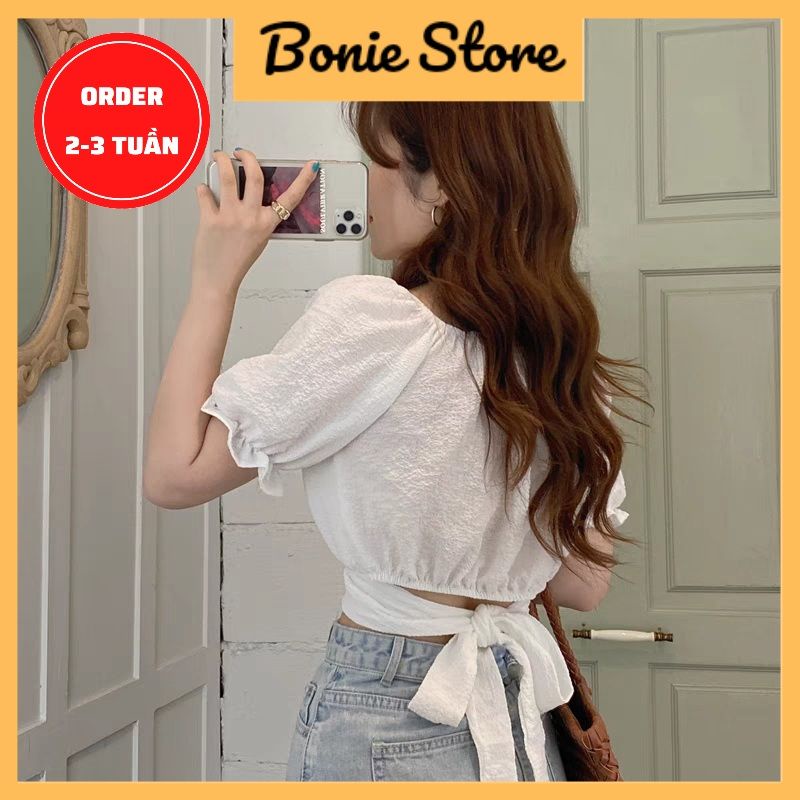 Áo Croptop Nữ Tay Ngắn Phồng Cổ Vuông Dây Thắt Eo Buộc Sau Lưng Hàn Quốc - HÀNG CÓ SẴN