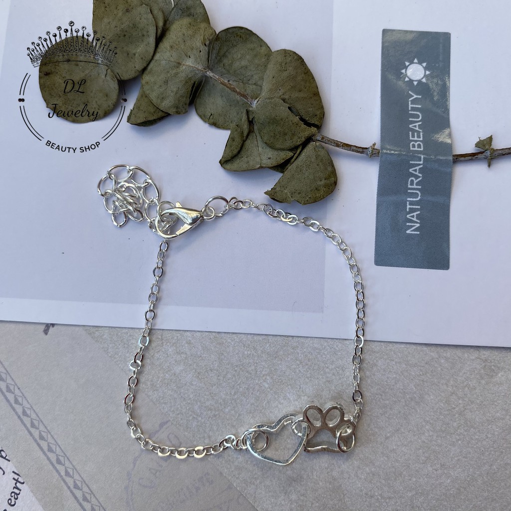 Vòng tay mặt trái tim mạ vàng,bạc,lắc tay mặt trái tim lồng bàn chân GẤU con đáng yêu DL.Jewelry