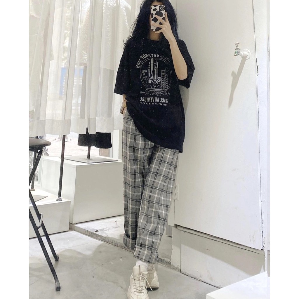 Set Culottes Kẻ Space PEONYB Nữ [FREESHIP] 🌸 Bộ quần thun suông ống rộng kèm áo phông in hình form oversize Ulzzang HOT🌸 | BigBuy360 - bigbuy360.vn