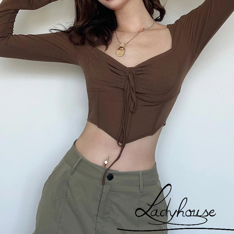 Áo Thun Crop Top Tay Dài Cổ Chữ V Màu Trơn Phối Dây Rút Thời Trang Đường Phố Cho Nữ