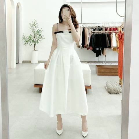 Váy đầm nữ dự tiệc hai dây màu trắng đính nơ cao cấp