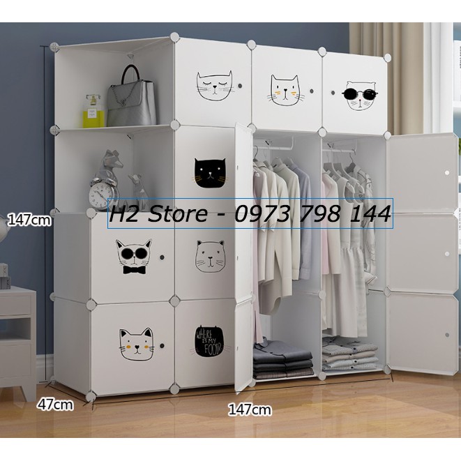 TỦ LẮP GHÉP 16 Ô (GỒM 2 KỆ GÓC) CỬA TRẮNG MÈO VUA DỄ THƯƠNG ĐỂ ĐỒ ĐA NĂNG THÔNG MINH sâu 47cm