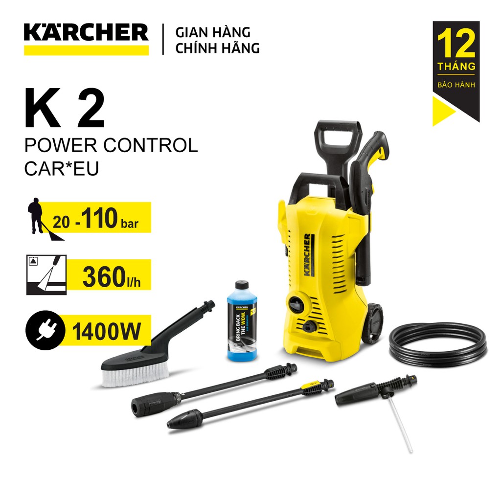 (Sản xuất Đức) Máy phun rửa áp lực Karcher K2 power control car công suất 1400w áp lực 20-110 bar, lưu lượng nước 360l/h