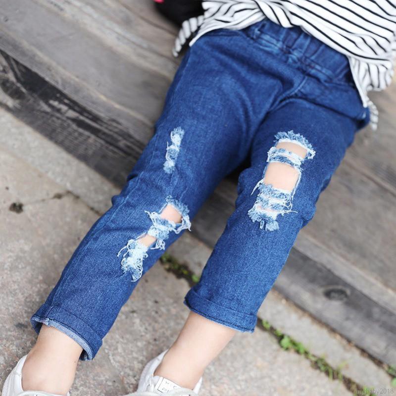 Quần Jeans Rách Lưng Thun Cho Bé Gái