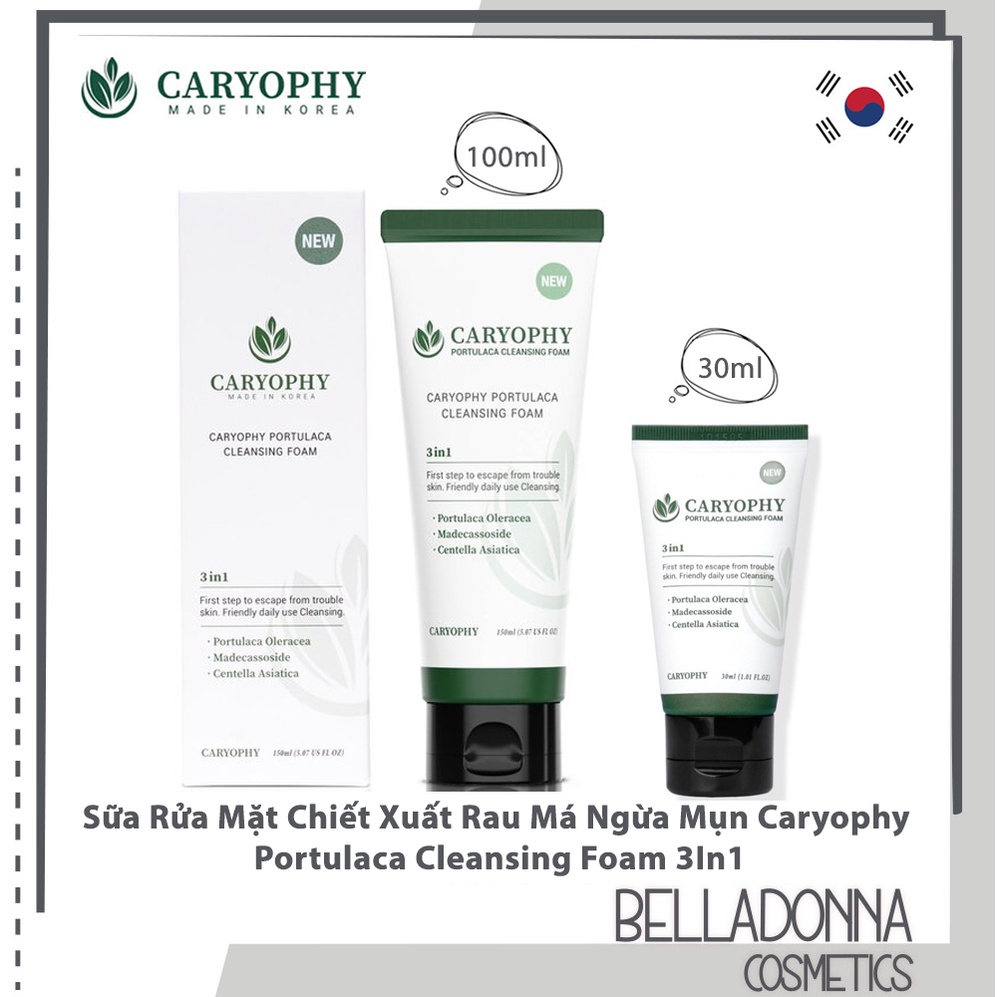 [CHÍNH HÃNG] Sữa Rửa Mặt Chiết Xuất Rau Má Ngừa Mụn Caryophy Portulaca Cleansing Foam 3In1 [2 Size 150ml / 30ml]