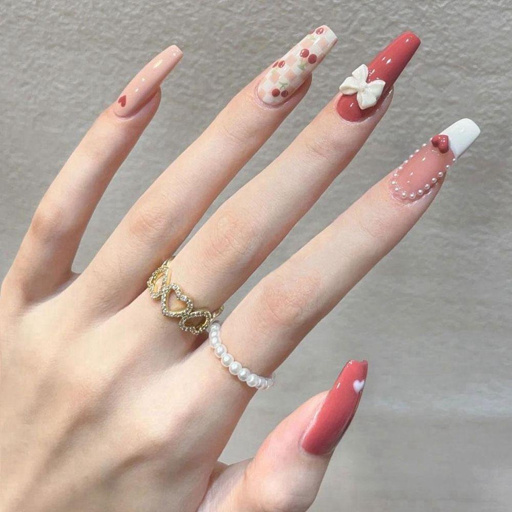 ESPO Bộ 24 Móng Tay Giả Che Phủ Toàn Diện Đính Nơ Hoa Xinh Xắn