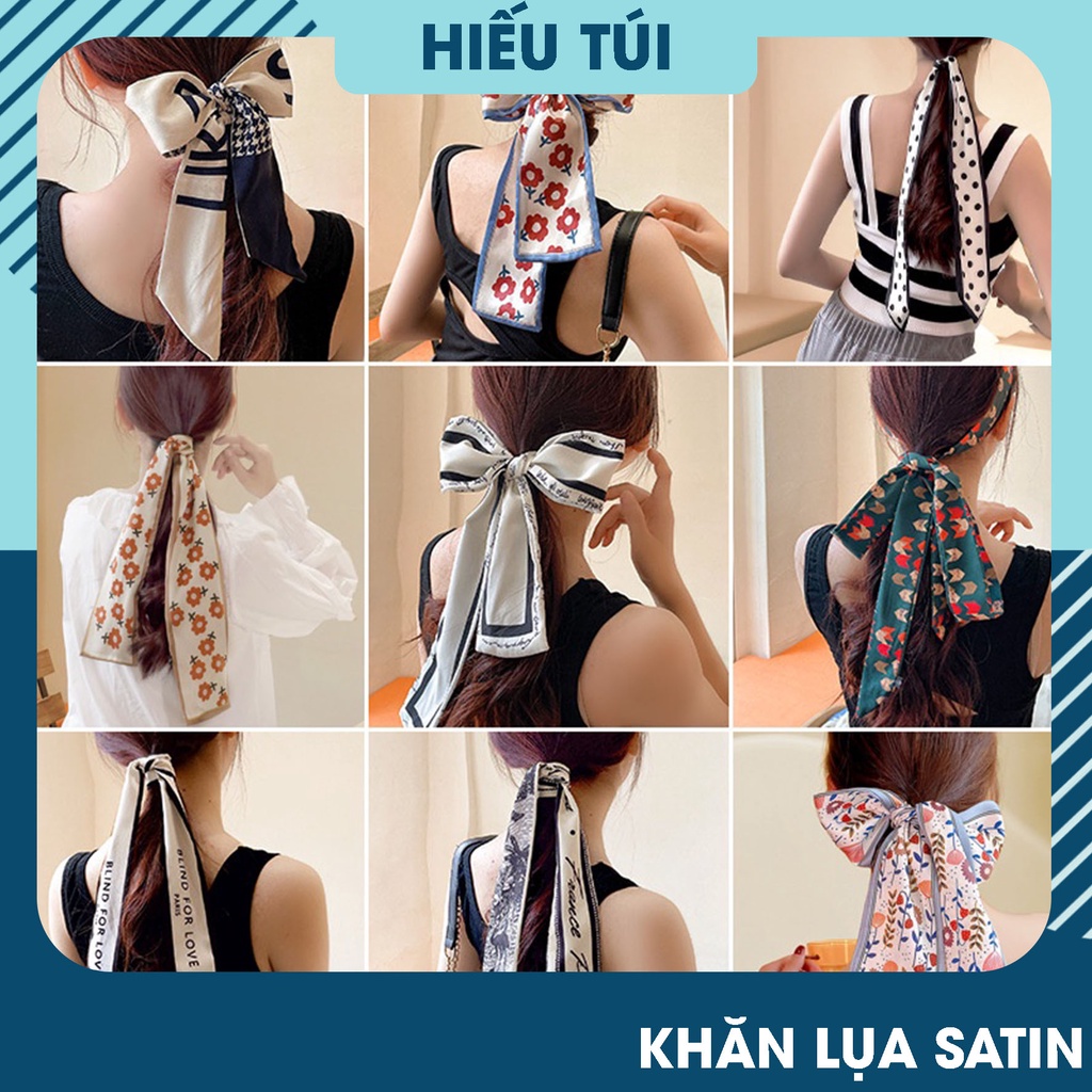 Khăn lụa satin đa năng buộc tóc quấn túi thời trang cao cấp họa tiết thắt nơ đẹp