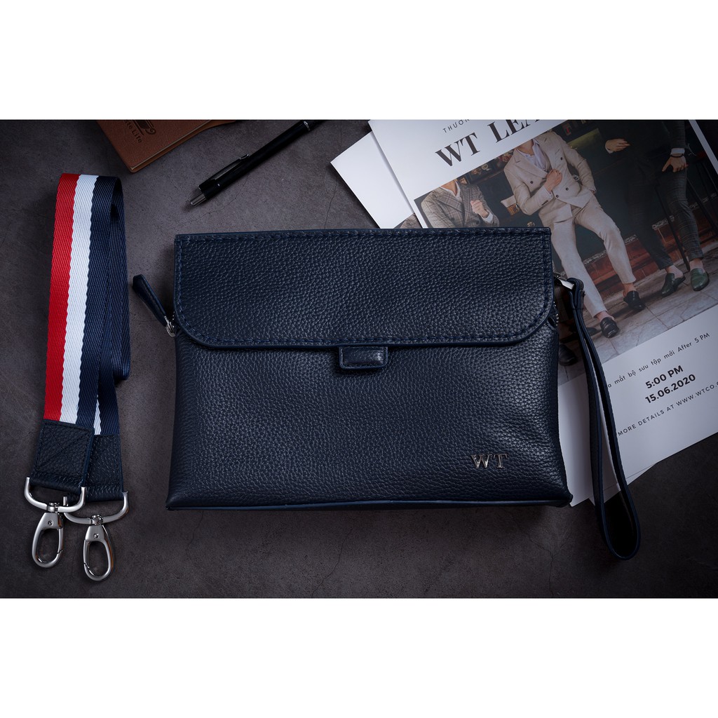 Clutch Ví Cầm Tay Nam Có Quai Đeo Chéo Da Bò Cao Cấp Màu Xanh Navy, Màu Xanh Lá WT Leather 070101107, 070101104