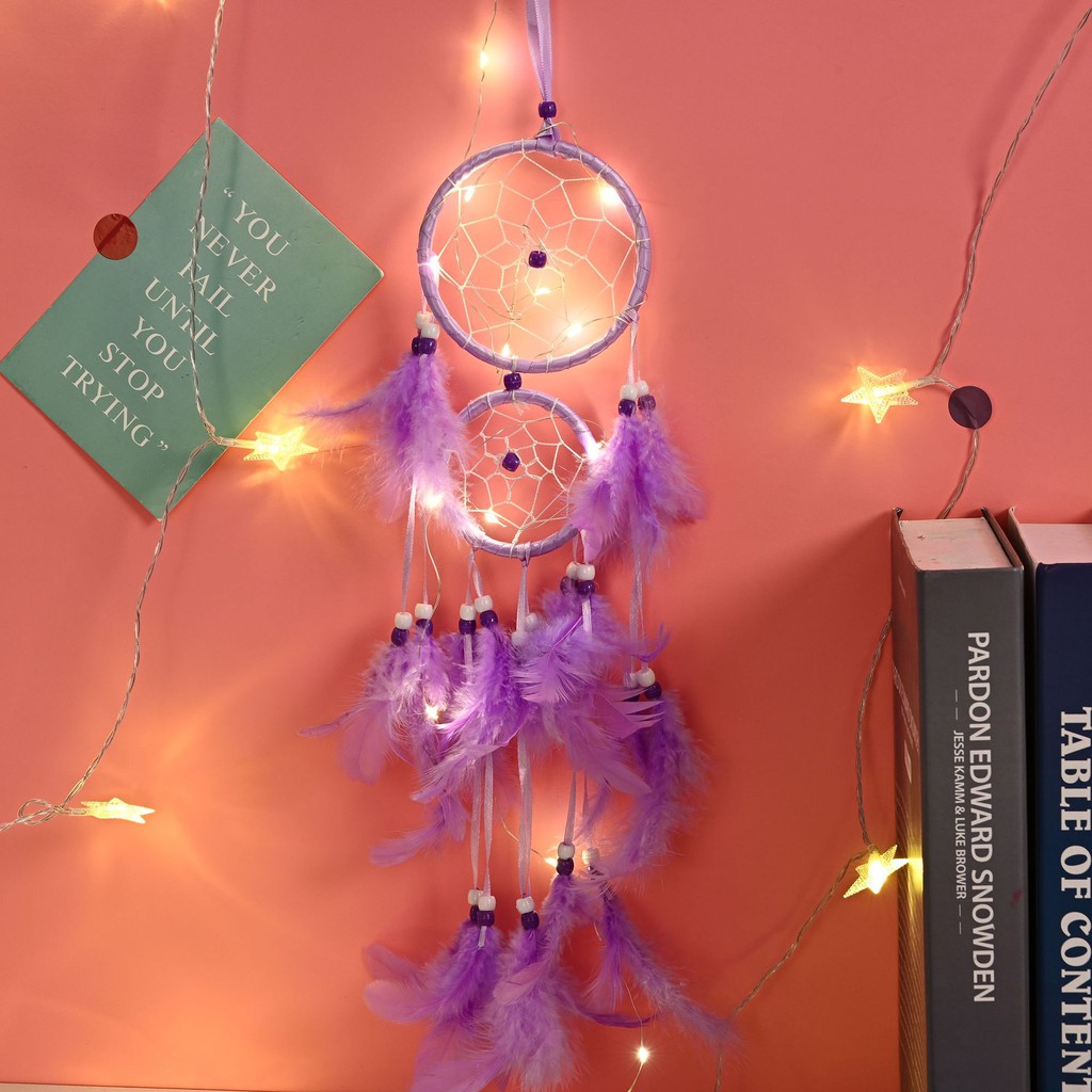 [ CÓ ĐÈN LED ] - Dreamcatcher 2 tầng gắn lông vũ siêu cấp ( HÀNG HÓT)