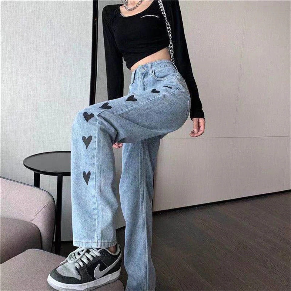 Quần Jeans Nữ Ống Rộng - Họa Tiết Trái Tim - Màu Xanh - Mã )1