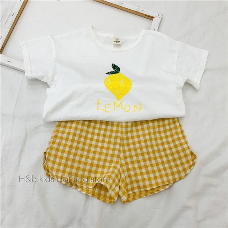 Bộ hoa quả cho bé trai, bé gái. Áo cotton, quần đũi kẻ mát rượi- M0031