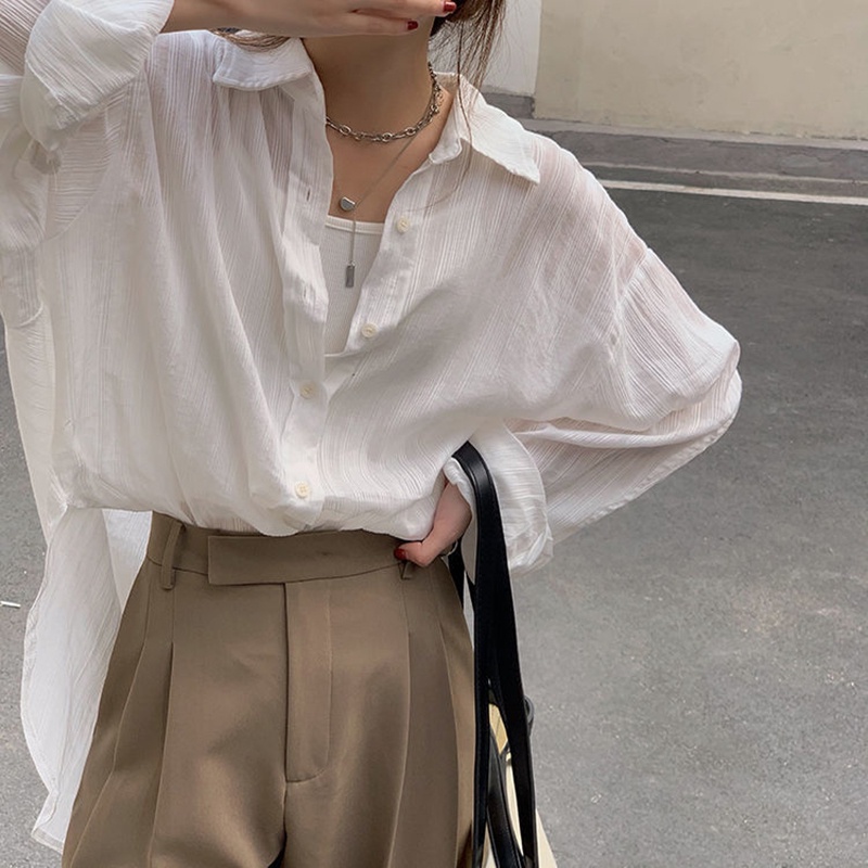 IELGY Áo sơ mi trắng tay dài dáng rộng phong cách Hàn Quốc cổ điển thời trang cho nữ