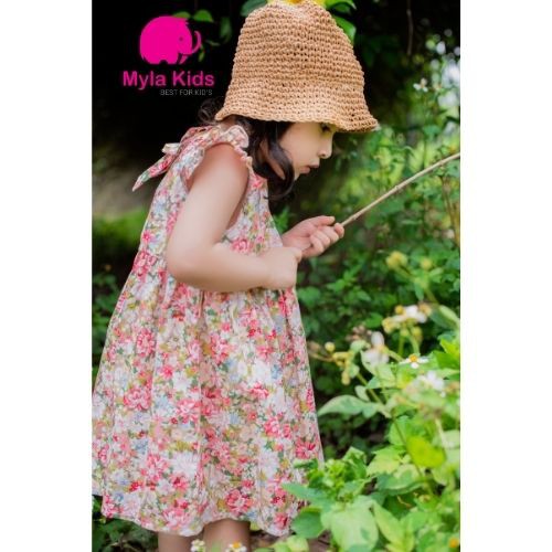 Đầm bé gái họa tiết hoa nhí màu hồng tay cánh tiên Myla Kids váy babydoll cho bé 1-2-3-4-5-6-7-8-9-10 tuổi