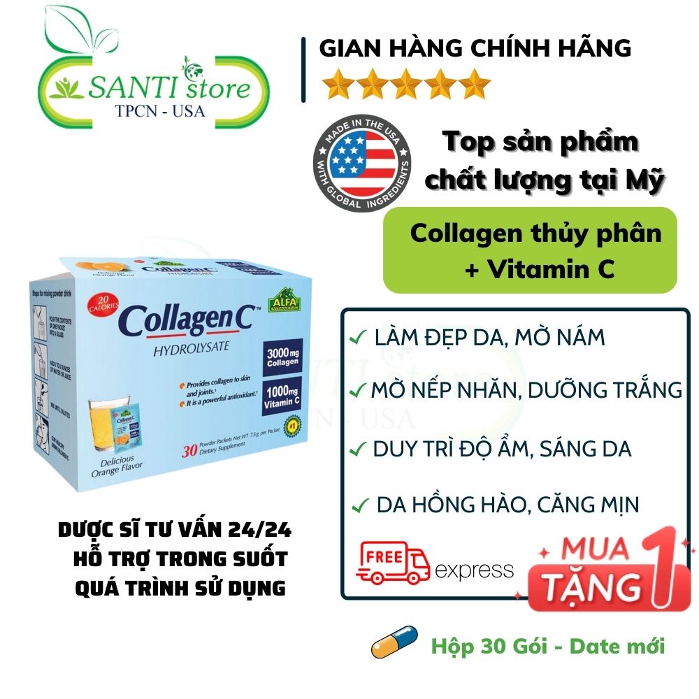 Bột uống Collagen C Hydrolysate hỗ trợ làm đẹp da, chống lão hóa, mờ nám, sáng da, mờ nếp nhăn, giảm rụng tóc