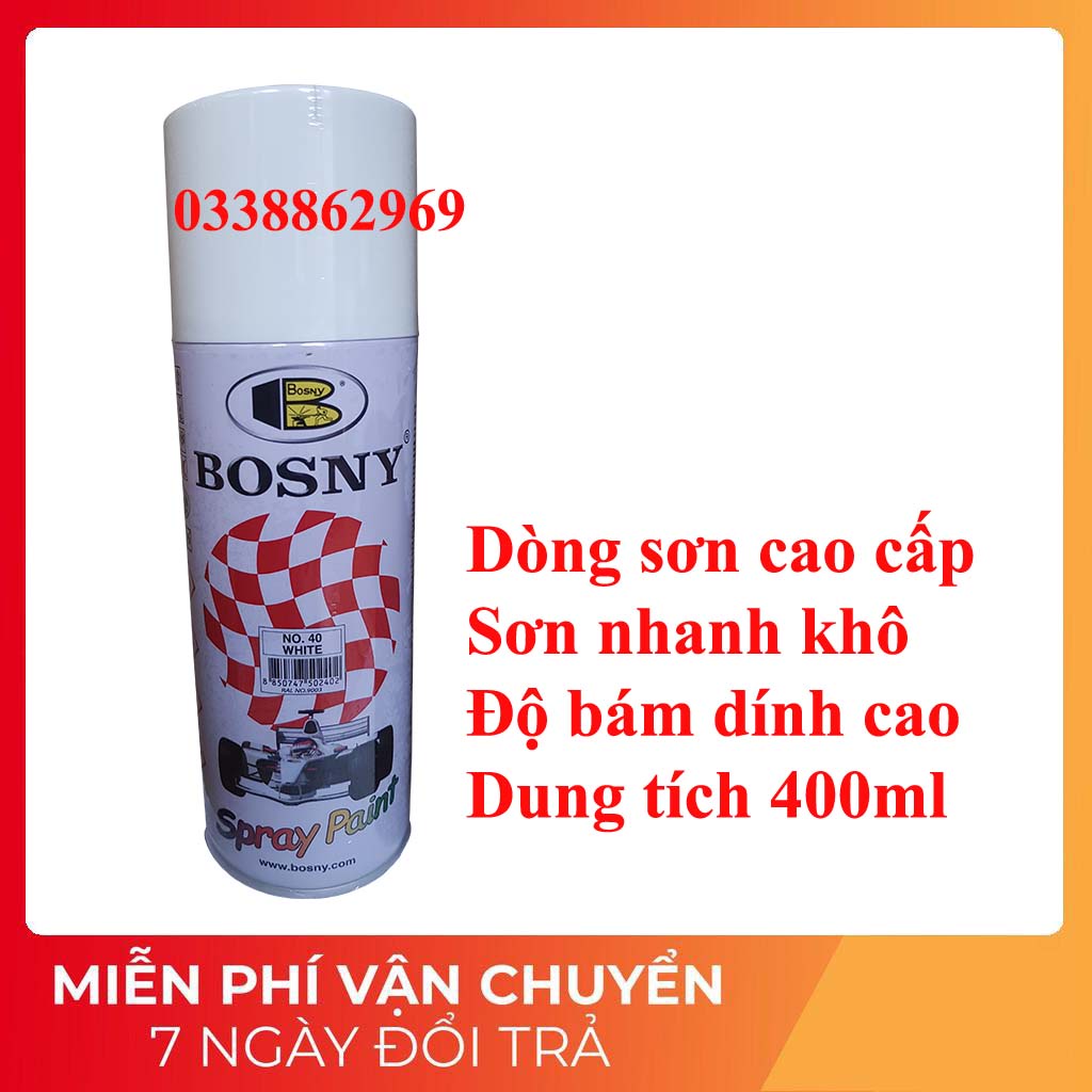 sơn xịt cao cấp nhiều màu Bosny dung tích 400ml, sơn ô tô, sơn xe máy, sơn gỗ