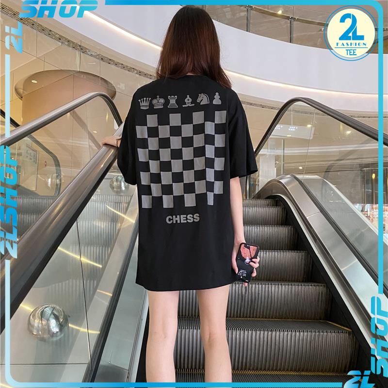 Áo thun tay lỡ unisex bàn cờ đen xám CHESS , áo đôi nam nữ phong cách đường phố 2LSHOP