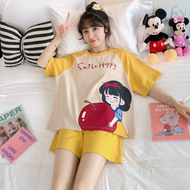 Bộ Đồ Ngủ Tay Ngắn Dáng Rộng Phong Cách Hàn Quốc Dễ Thương Thời Trang Mùa Hè Cho Nữ