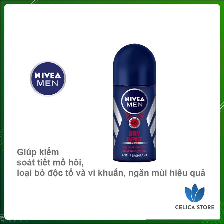 Nivea Men Dry Impact Pluss - Lăn Ngăn Mùi Cho Nam, Ngăn Mùi Hiệu Quả 48 Giờ (Chai 50Ml)
