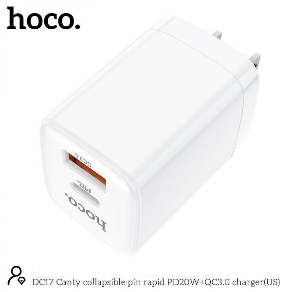 Cốc sạc 2 cổng chân dẹt gấp Hoco DC17 hỗ trợ USB QC 3.0 và TypeC PD 20W (Trắng) - Nhất Tín Computer